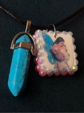 Blue Crystal Pendant and Fairy Charm Necklace